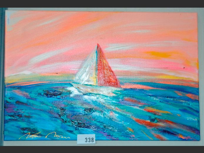 UNFRAMED OIL ON CANVAS "YACHT AT SEA" SIGNED ROBIN MANN, 76 x 51cm