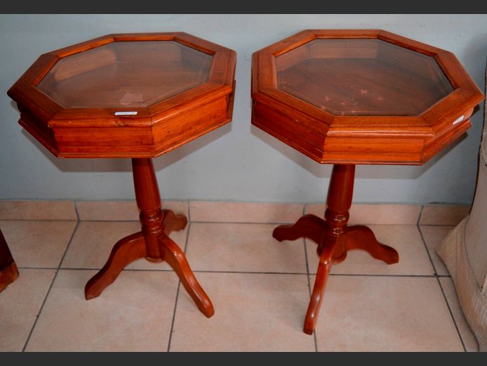 PAIR OAK & GLASS DISPLAY TABLES, 54cm Diameter x 77cm High [Needs a little bit of love]
