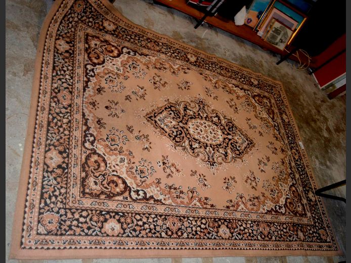 CREAM, BLACK & BROWN PERSIAN STYLE CARPET, 244 x 160cm