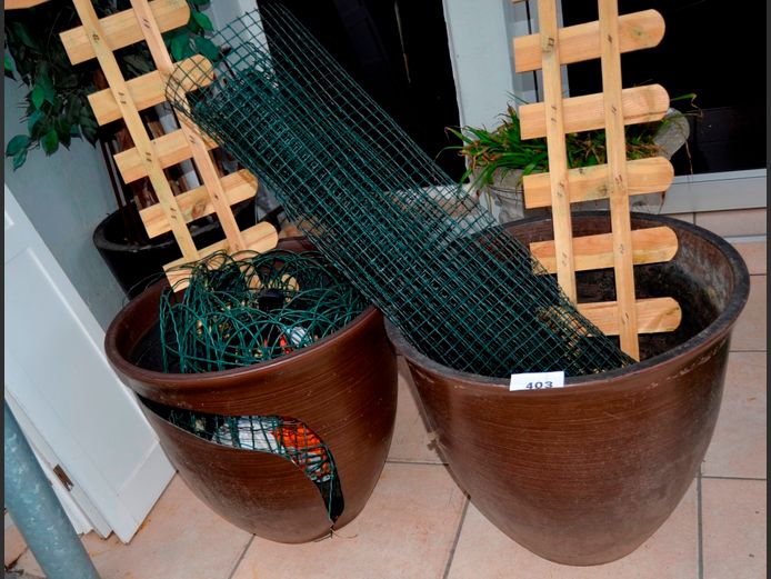 LOT: 2 x PLASTIC PLANTERS [Damaged], WOOD & PLASTIC FENCING, 56cm Diameter x 51cm High, etc