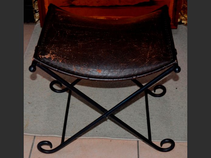 LEATHER & WROUGHT IRON FOOTSTOOL, 50 x 45 x 46cm [Leather cracking]