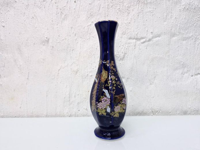 Cobalt Blue Porcelain Vase - Peacock & Peony Design, Gold Trim