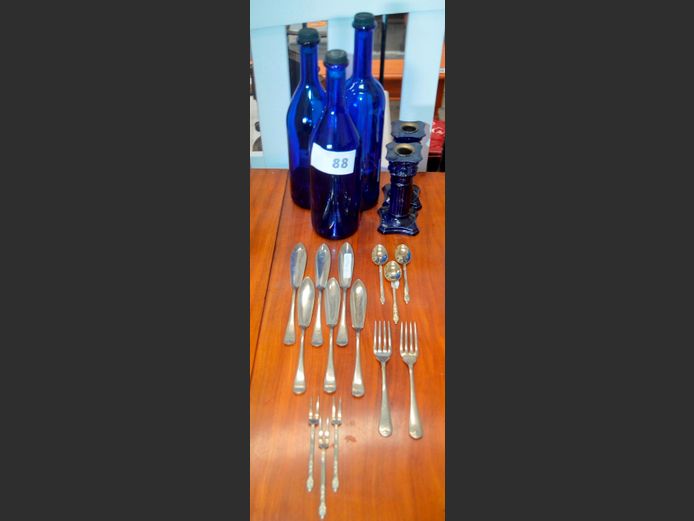 PAIR CANDLESTICKS, SILVER PLATE FISH FORKS, BISHOPS SPOONS & FORKS, etc