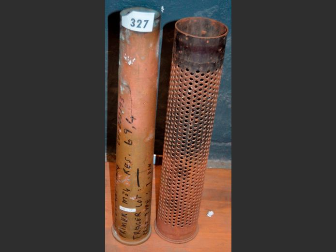 LOT: 2 x ARTILLERY SHELLS, 63.5cm High & 61cm High