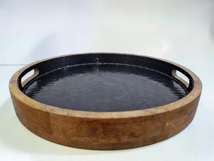 Large Round Mango Wood Serving Tray with Textured Black Resin Inlay