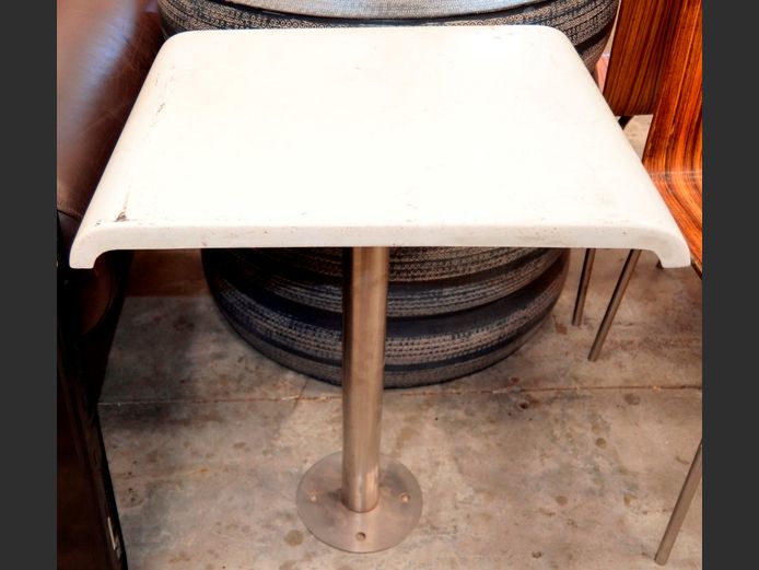 WHITE FLOOR MOUNT TABLE ON STAINLESS STEEL BASE, 60 x 49 x 70cm