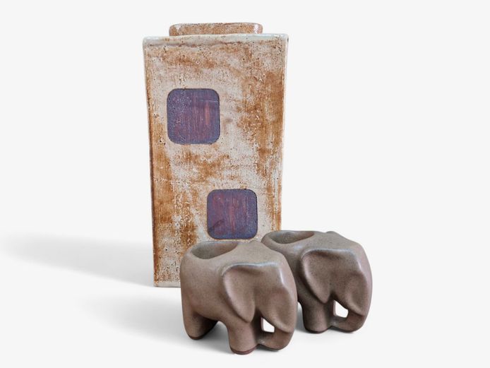 Large Pottery Vase and Elephant Candle Holders