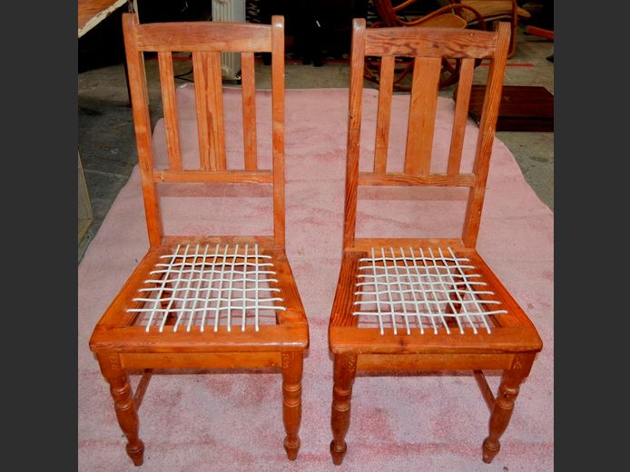 PAIR OREGON PINE DINING CHAIRS WITH RIEMPIE SEATS