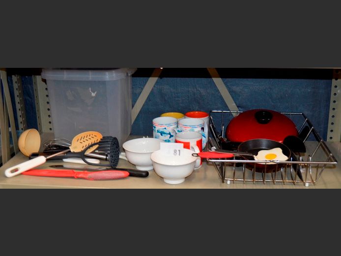 CHROME DISH RACK, MUGS, KITCHEN UTENSILS, etc