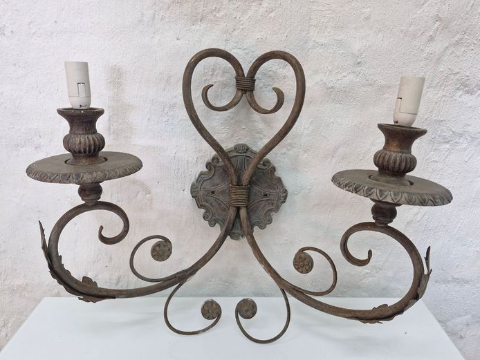 Vintage Carved Wood & Metal Two-Light Wall Sconce