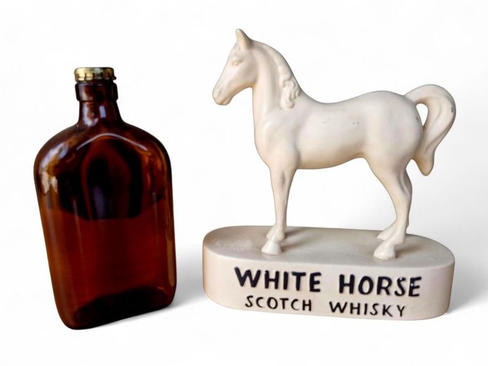 Vintage White Horse Ceramic Figurine & Old Whisky Bottle