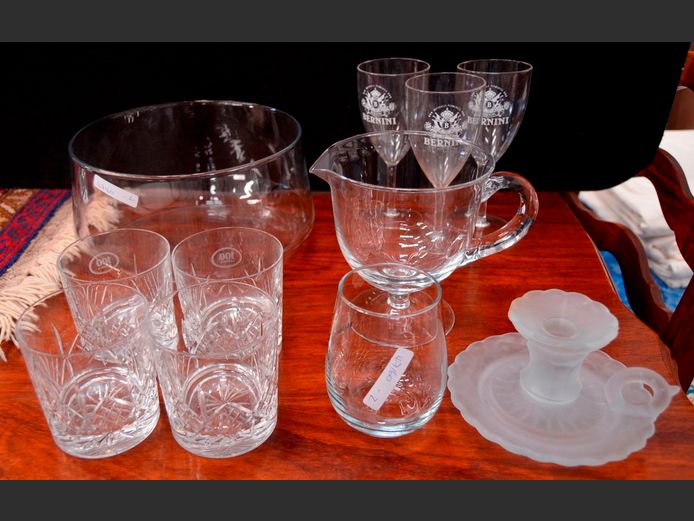 GLASS: BOWL, FOOTED GRAVY BOAT, FROSTED CANDLE HOLDER, SET OF 4 CRYSTAL TUMBLERS, etc