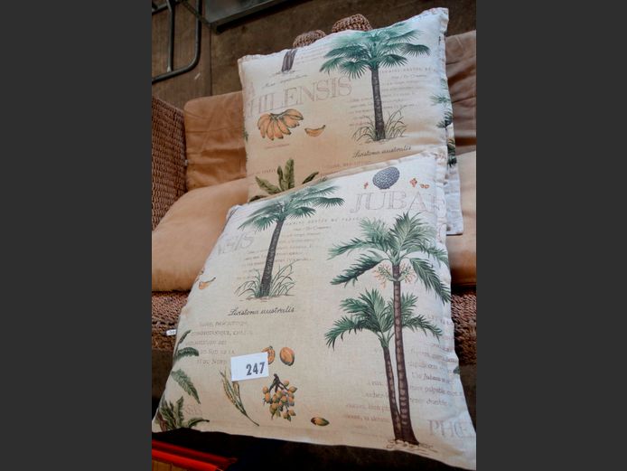 PAIR LARGE PALM TREE DECORATED SCATTER CUSHIONS, 55 x 55cm