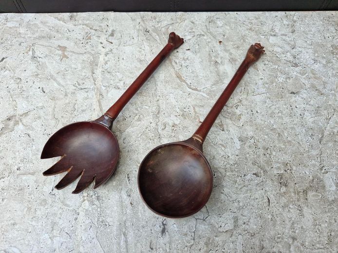 Hand Carved Wood Salad Servers Set - Fork & Spoon