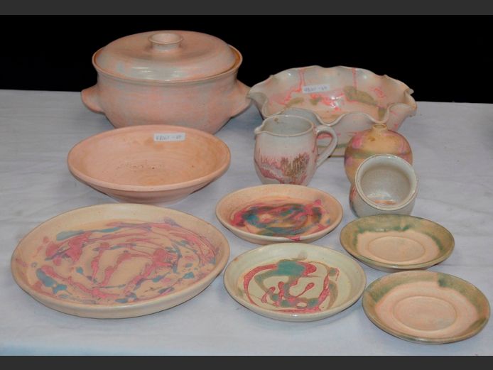 STONEWARE BOWL WITH LID, CREAMER, PLATE, etc