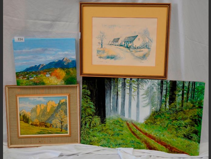 UNFRAMED OILS ON CANVAS "LANDSCAPES" & A FRAMED OLEOGRAPH "COTTAGE"