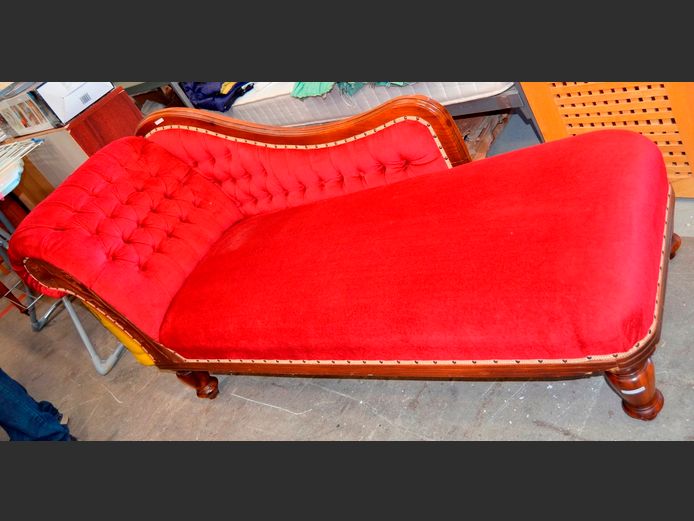 IMBUIA & RED UPHOLSTERED BUTTON BACK CHAISE LONGE, 180 x 65cm