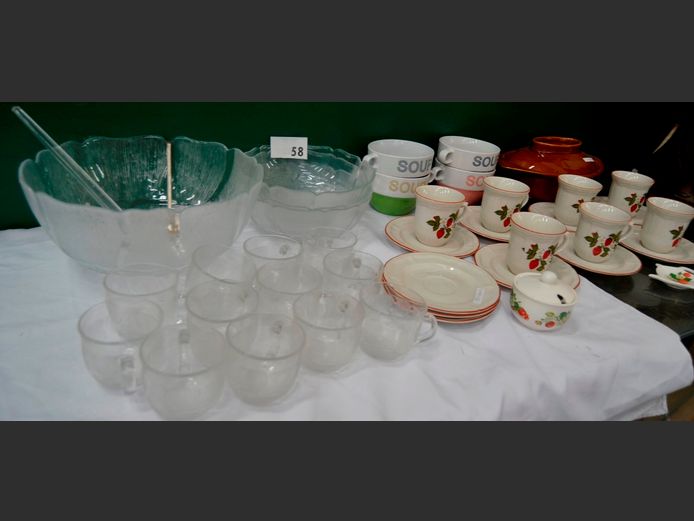 NEWCOVER CUPS & SAUCERS, SOUP MUGS, STONEWARE CASSEROLE, PUNCH BOWL SET, GLASS BOWLS, etc [56,57]
