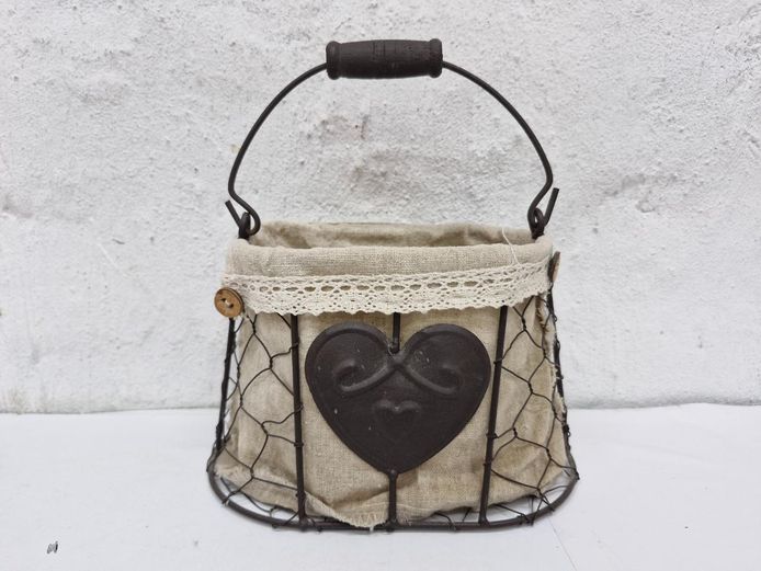 Rustic Wire & Metal Heart Basket with Fabric Liner & Wooden Handle