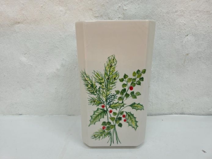 Vintage Italian Hand-Painted Ceramic Holly & Pine Botanical Vase