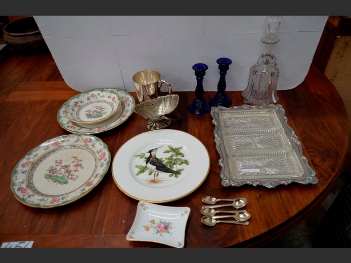 SILVER PLATE SERVING TRAY WITH GLASS INSERTS, DECANTER WITH STOPPER, WALKER & HALL TANKARD, etc