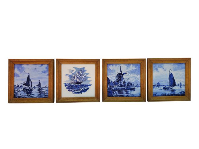 Set of 4 Vintage Delft Blue Framed Ceramic Tile