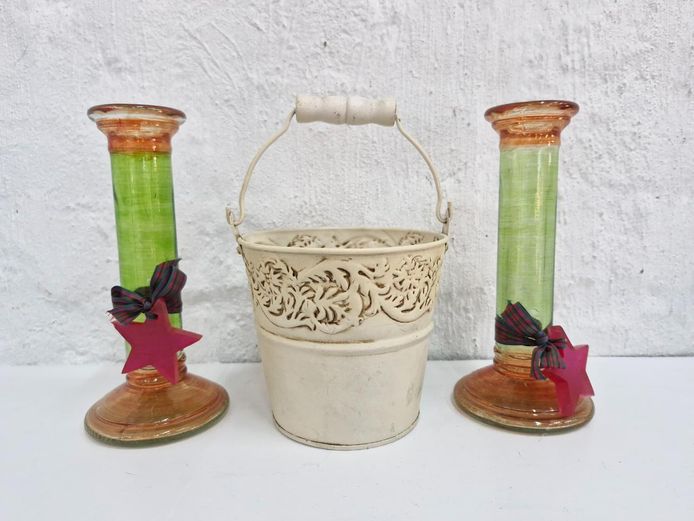 Glass Candlestick Pair & Embossed Metal Planter Bucket Set