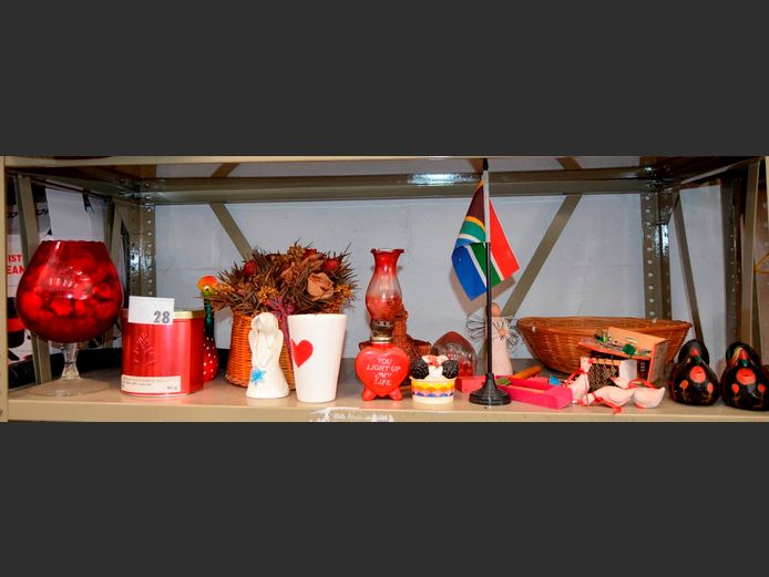 RED GLASS CANDLE HOLDER, ORNAMENTS, etc