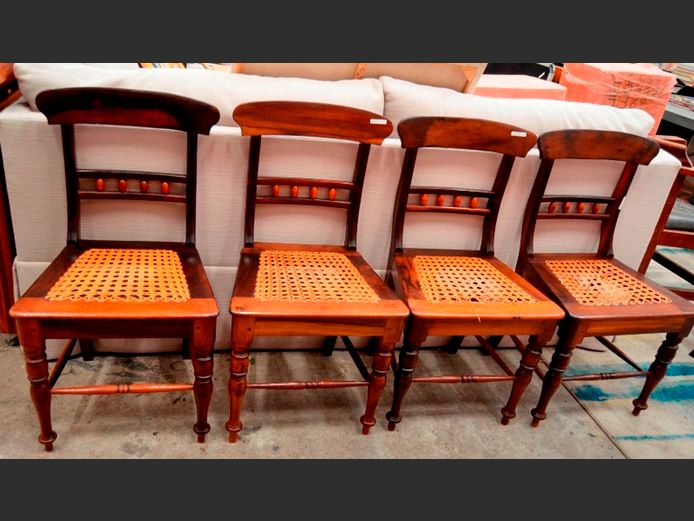 SET OF 4 STINKWOOD & RATTAN DINING CHAIRS [Rattan needs attention on 1 chair]