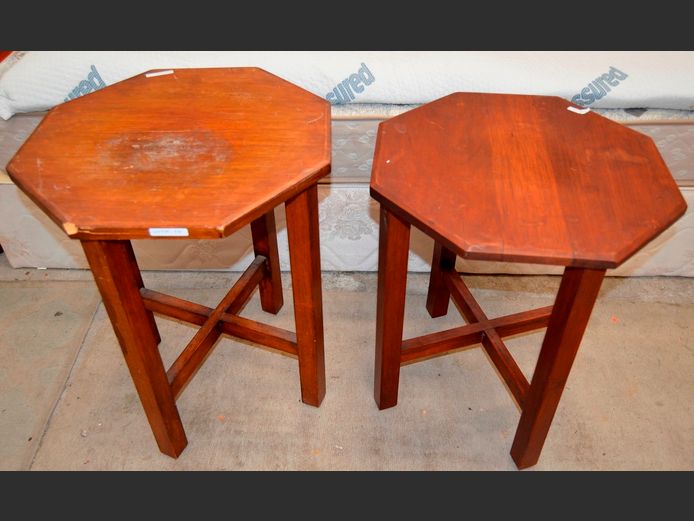 PAIR MERANTI SIDE TABLES, 44cm Diameter x 53cm High [Watermarks & damage to 1]