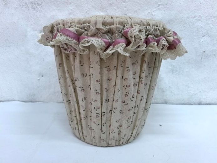 Vintage Floral Fabric Covered Bin with Lace Trim
