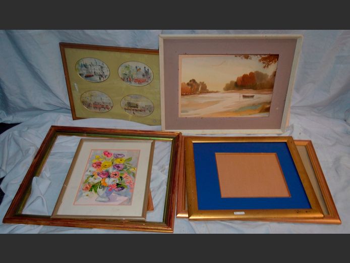 FRAMED MIXED MEDIA "FLOWERS IN VASE", FRAMED WATERCOLOUR, etc