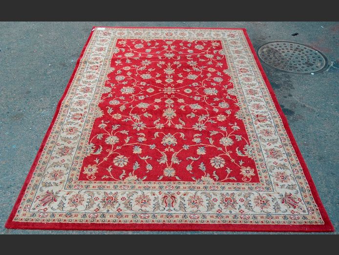 DEEP RED, BLUE & BEIGE PERSIAN CARPET, 230 x 157cm [Machine woven]