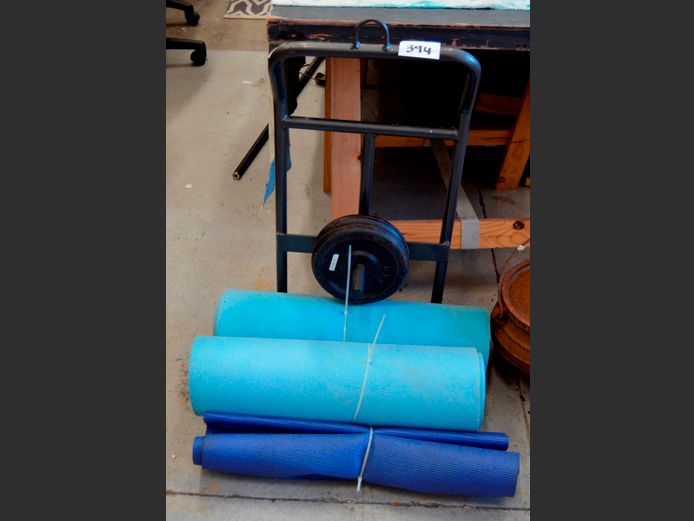 WEIGHTS, WEIGHT STAND & 2 x YOGA MATS