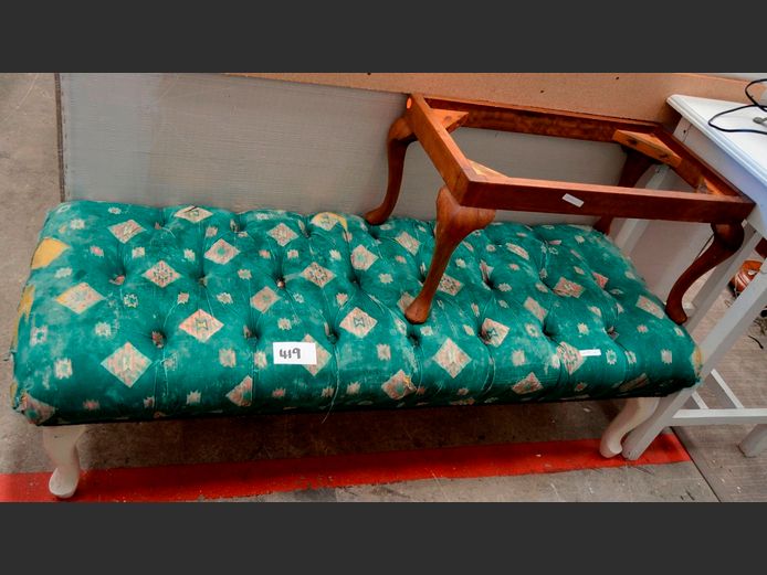 GREEN UPHOLSTERED BED END [Needs re-covering], 125 x 47 x 39cm, & A DRESSING TABLE STOOL FRAME, 63 x 34 x 29cm