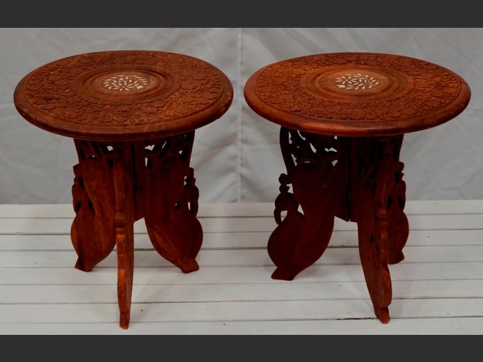 PAIR INTRICATELY CARVED & INLAID CIRCULAR SIDE TABLES, 29.5cm Diameter x 31cm High