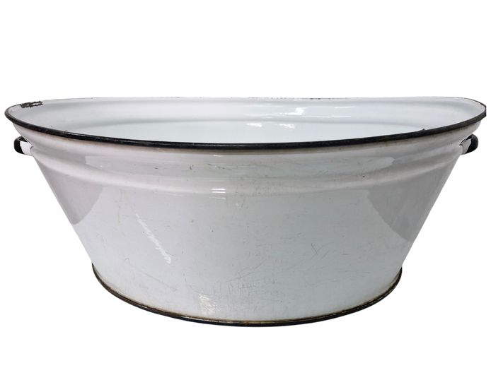 Mid-20th Century White Enamel Wash Basin with Black Trim