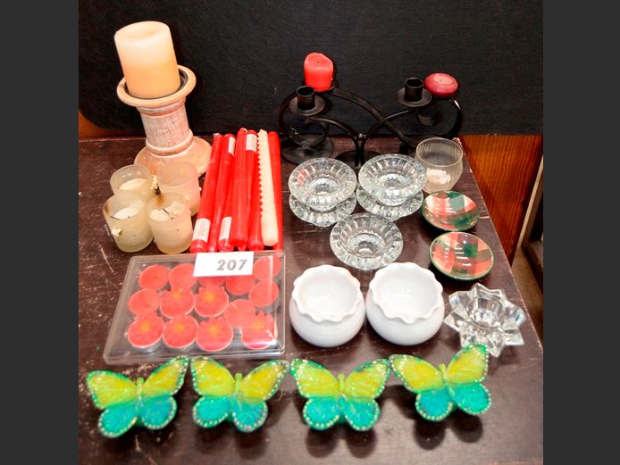 BLACK METAL CANDLE HOLDERS, CANDLES, GLASS CANDLE HOLDERS, etc