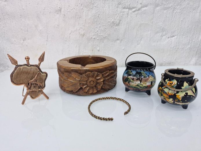 African Collectibles Lot - Potjie Pot Ashtrays, Giraffe Shield, Wooden Ashtray