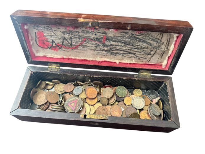 Vintage Wooden Coin Box with Assorted World Coins & Tokens 