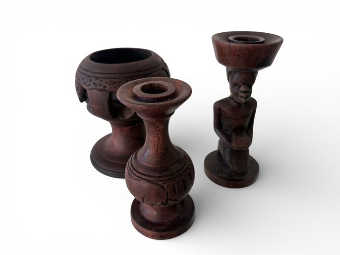 Hand-Carved African Wooden Décor & Candle Holder Set (3 Pieces)