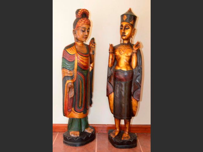 SET OF 2 CARVED & HAND PAINTED THAI FIGURES, 102cm High [Hands to male need repairs, parts are there]