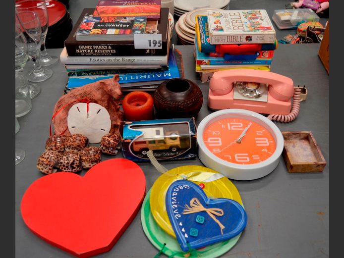 VINTAGE PHONE, WALL CLOCK, BOOKS, etc