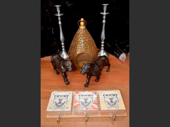 PAIR ALUMINIUM CANDLESTICKS, 37cm High, PIERCED METAL CANDLE HOLDER, 32cm High, PAIR METAL PANTHERS, 25 x 16cm, etc