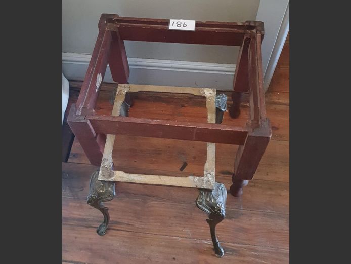 LOT: BRASS SIDE TABLE FRAME & TEAK STOOL FRAME