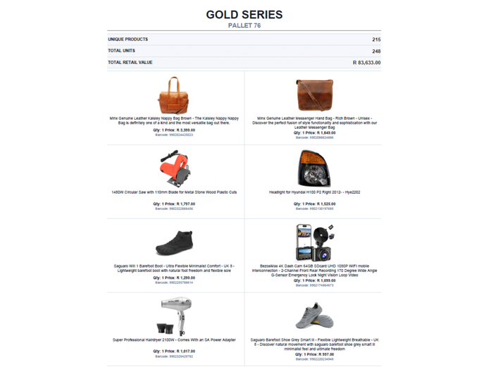 RETAIL RETURN STOCK ON PALLET TOTAL RETAIL VALUE: R83,633.00 STC