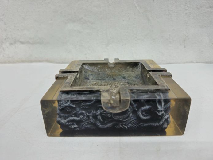 Mid-Century Carved Dragon Lucite Resin & Silver Sheet Metal Ashtray