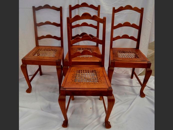 SET OF 4 KIAAT DINING CHAIRS WITH RIEMPIE SEATS [Riempies need replacing]