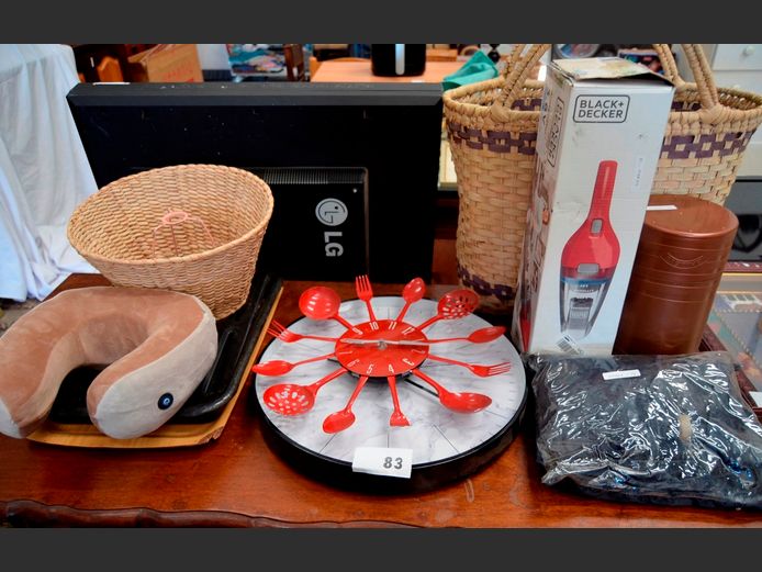 LOT: WOVEN BASKET, ICE BUCKET, WALL CLOCKS, BLACK & DECKER DUSTBUSTER, etc [Untested]