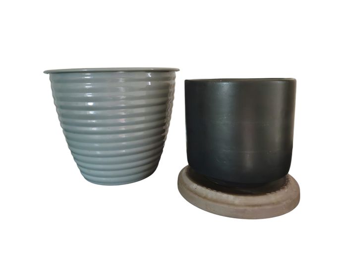 Pair of Modernist Decorative Planters – Ribbed Metal & Matte Ceramic Cylinder